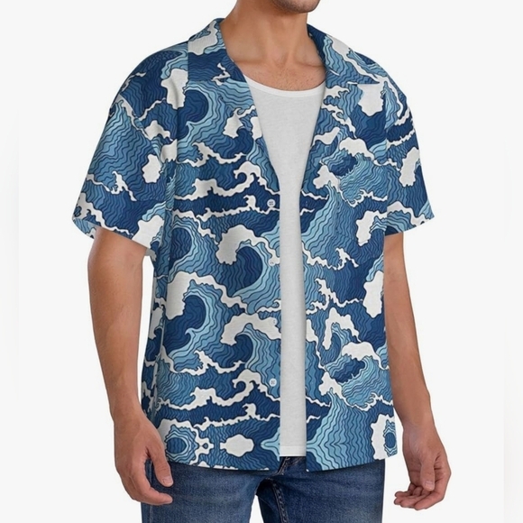 KYKU Men's Button Down Short Sleeve Shirt, One Pocket | Ocean Blue & White - Picture 2 of 9